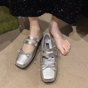 Xajzpa New Style Women's Square Toe Shoes Luxury Bow Flats Ladies Ballet Silver Belt Buckle Footwear Elegant Fashion Mary Jane Shoes